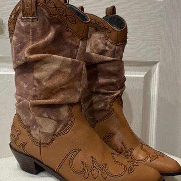 DIESEL BOOTS LEATHER/CANVAS  WESTERN COWGIRL RODEO SZ 8 RUGGED RARE ICONIC - Picture 2 of 12